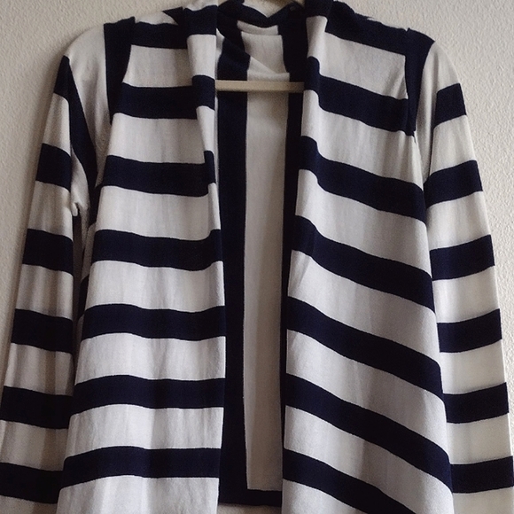 Navy Blue Striped Open Front Waterfall Cardigan Medium Coastal Grandma Fisherman - Picture 2 of 9